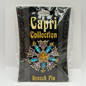 Capri Collection Vintage Rhinestone Flower Brooch Pin Blue Purple Gold